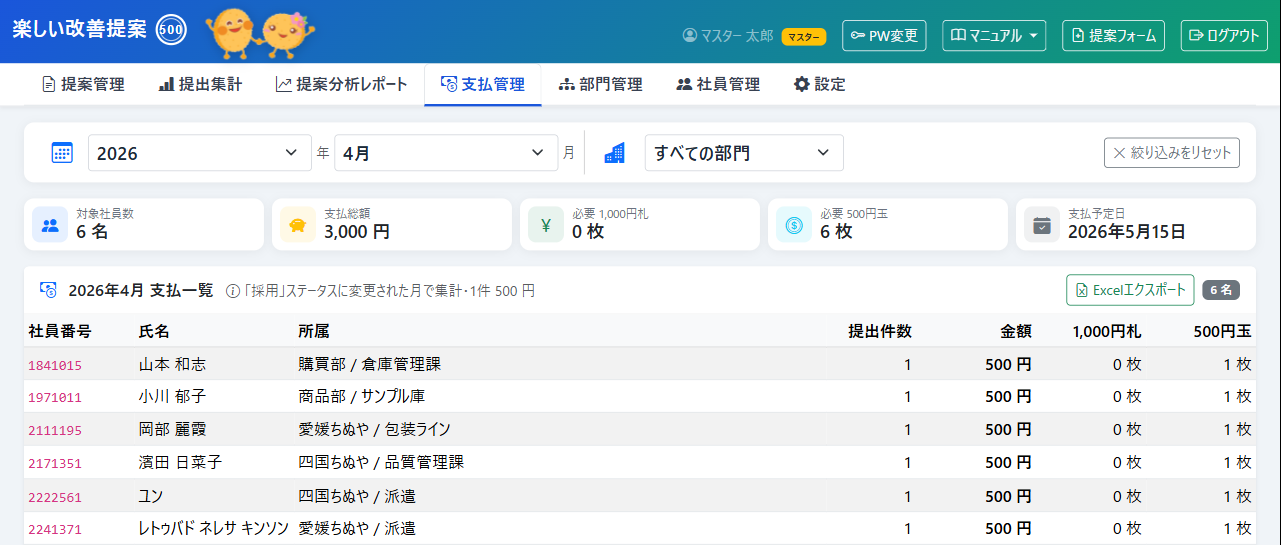 支払管理タブ全体（サマリーカード＋社員別支払一覧）