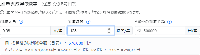 改善成果の数字セクション（記入例）